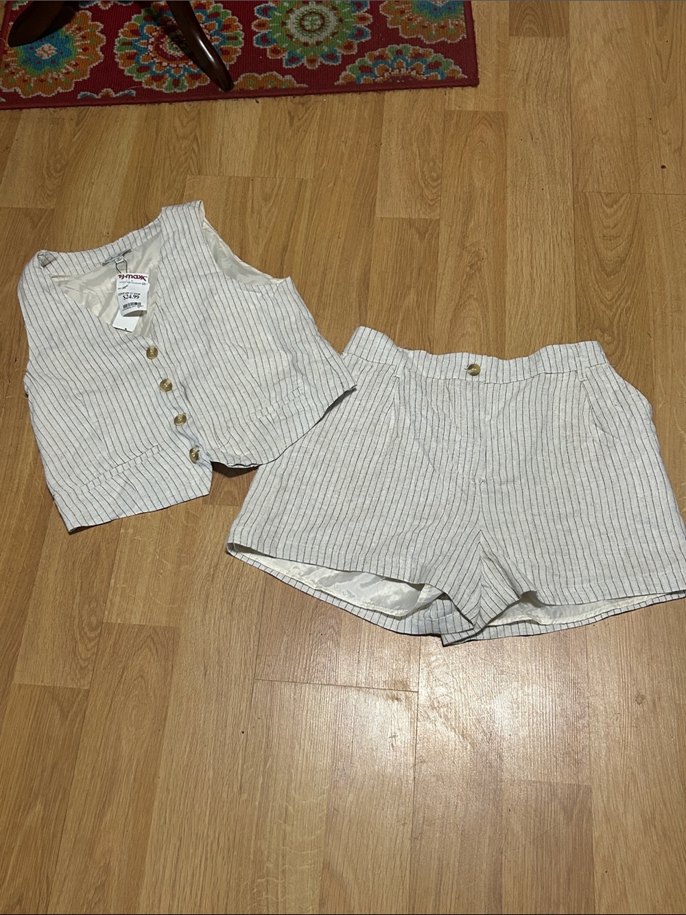 Hunter & Brown Cream Pinstripe High-Waist Linen-Blend Shorts and Matching Vest